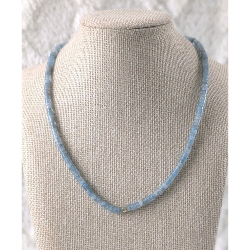 Blue Natural Stone Heishi Bead Necklace Gold Tone Accent 16" Choker